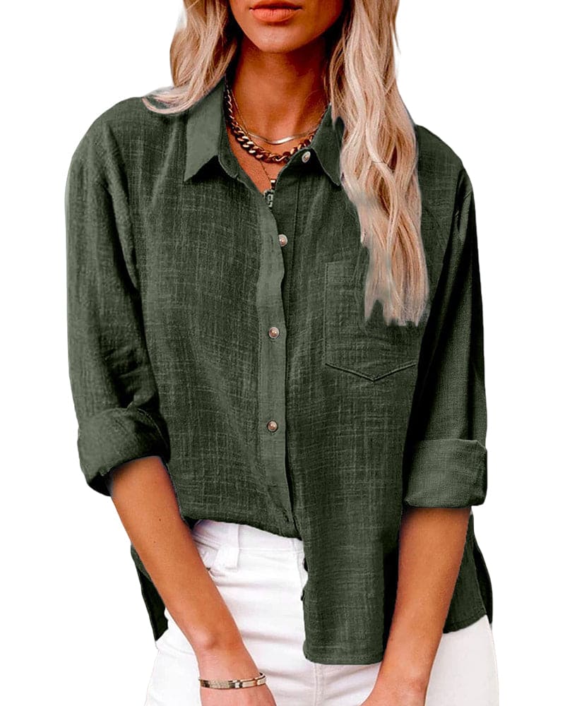 Women's Oversized Long Sleeve Shirt with Chest Pocket and Roll-Up Sleeves