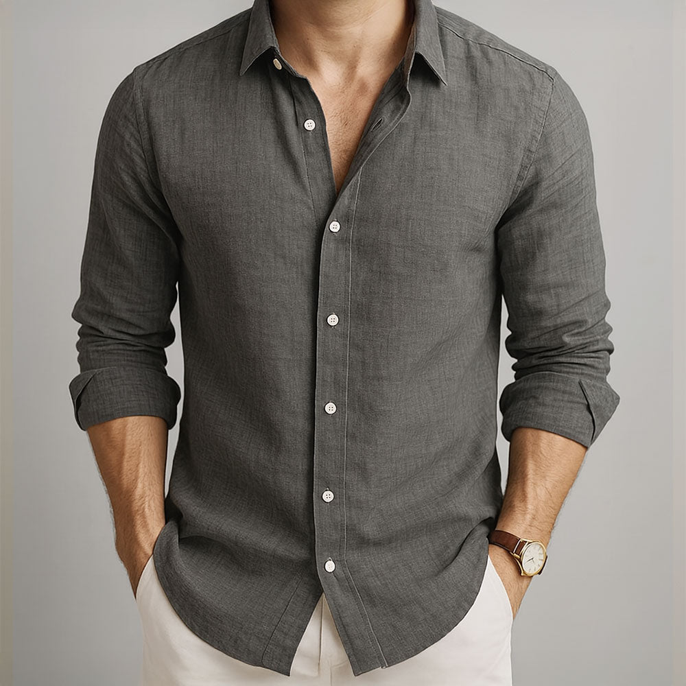 Men's Slim Fit Long Sleeve Linen-Look Polo with Classic Collar