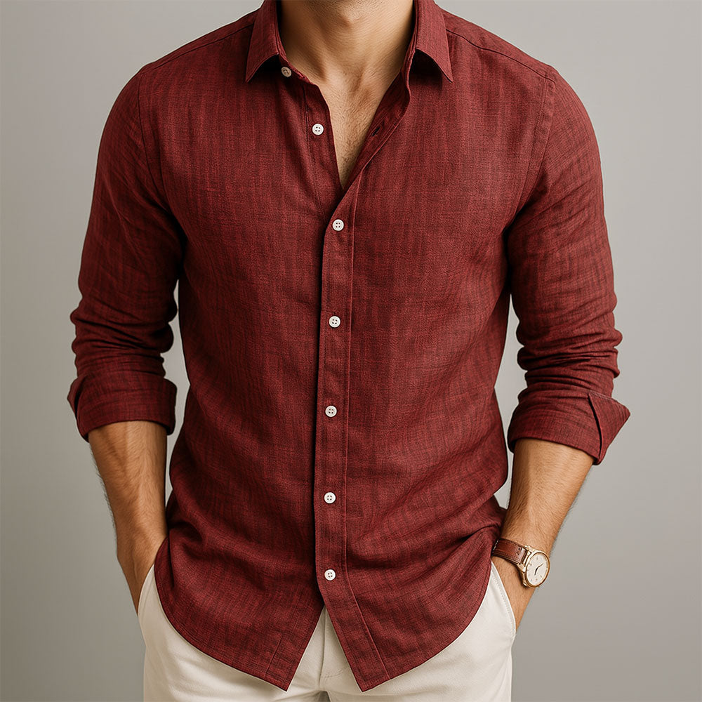 Men's Slim Fit Long Sleeve Linen-Look Polo with Classic Collar