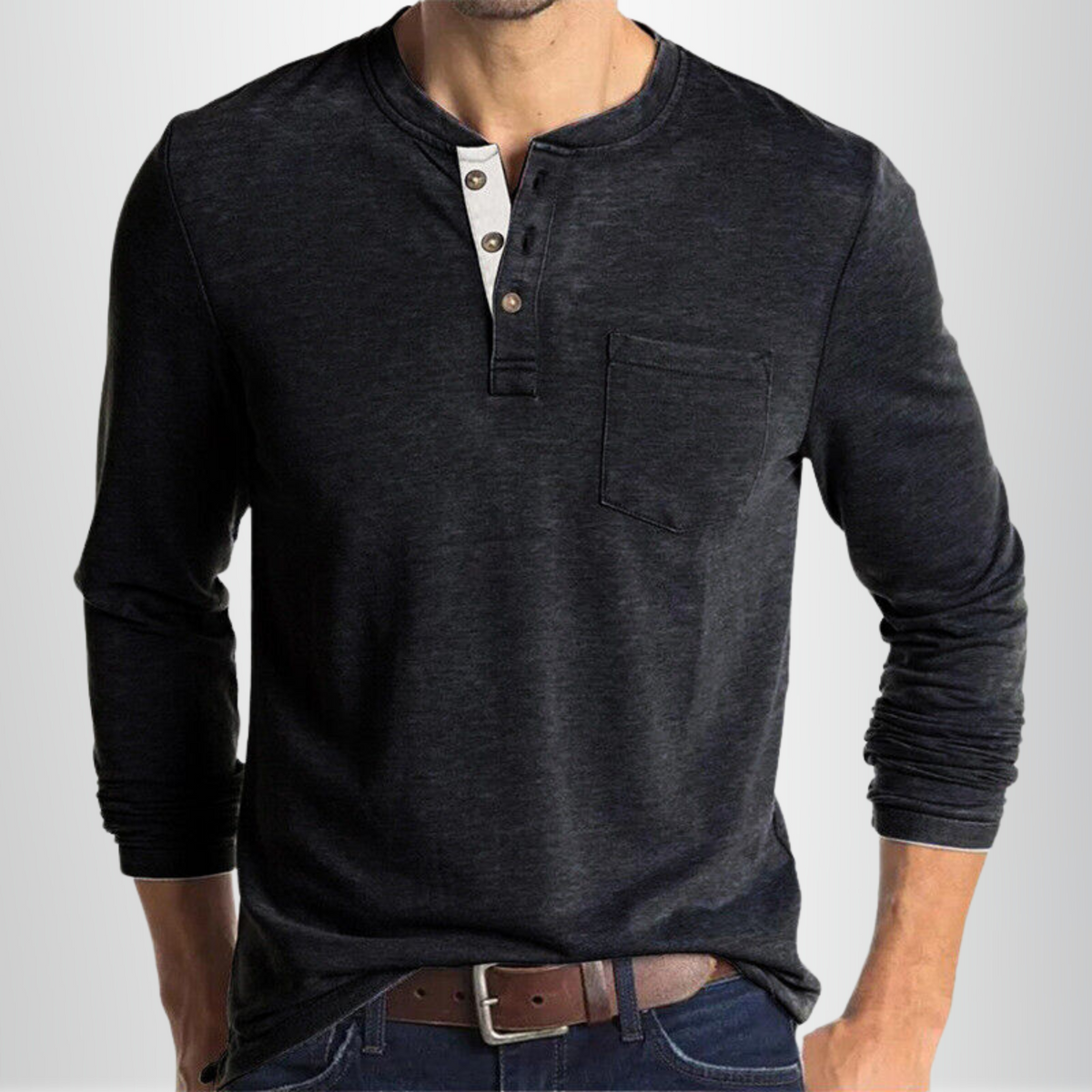 Men's Long Sleeve Henley Shirt with Chest Pocket