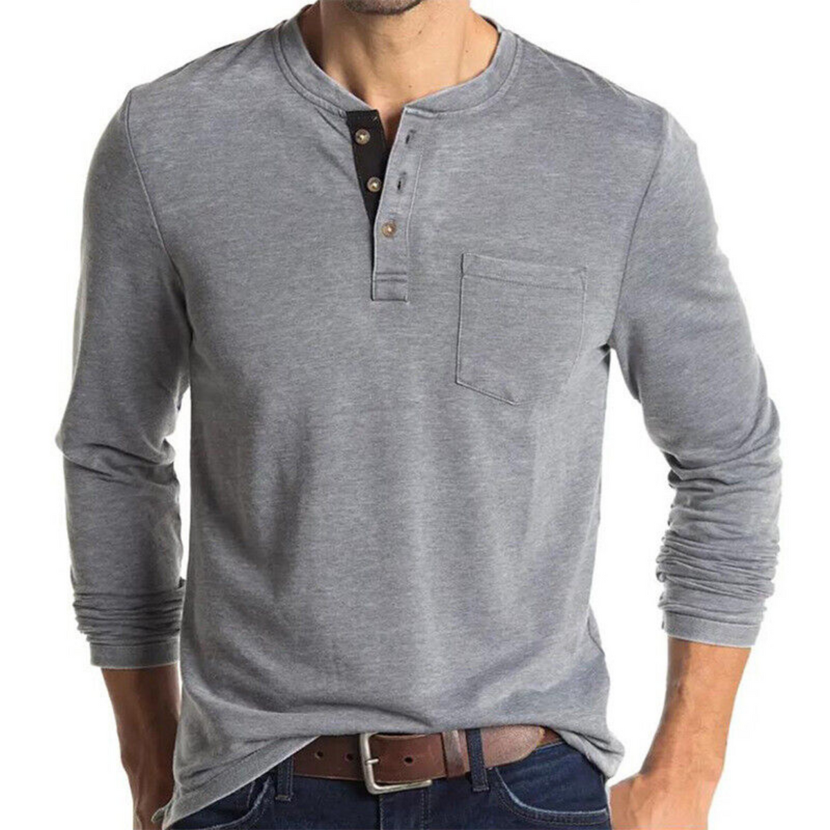 Men's Long Sleeve Henley Shirt with Chest Pocket