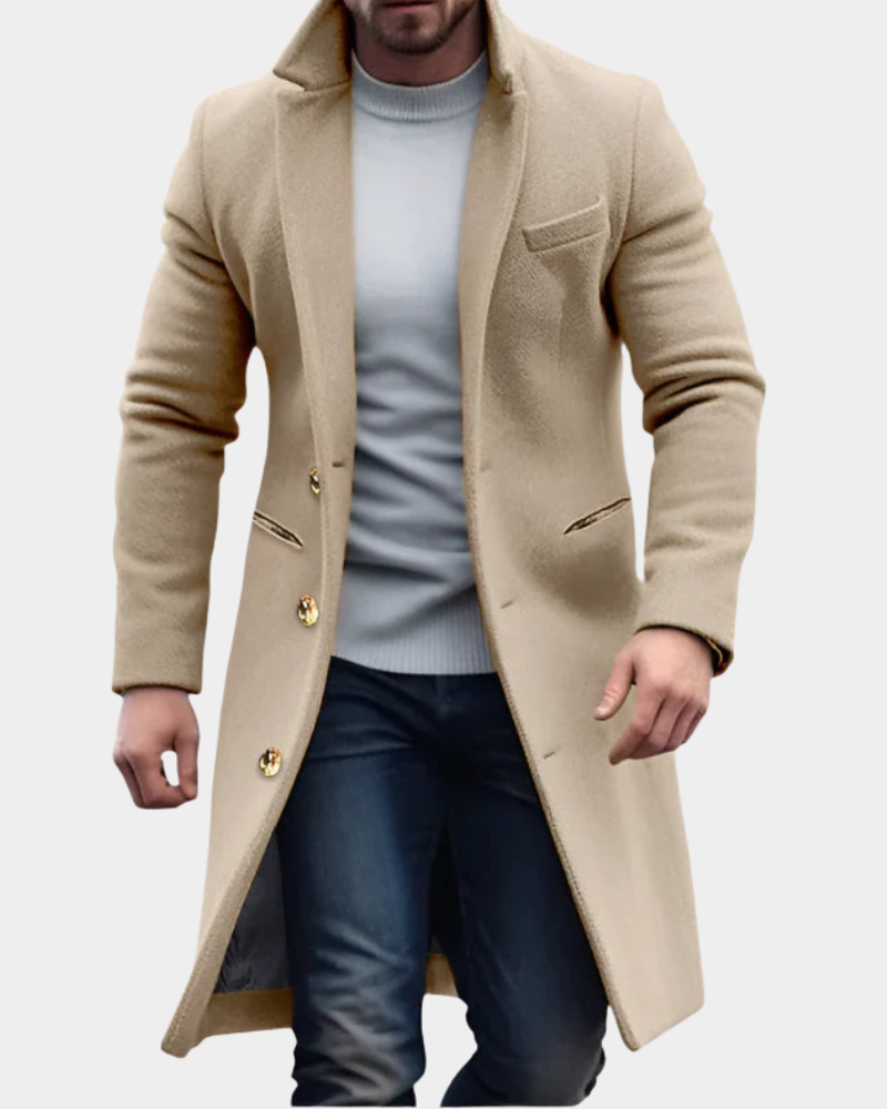 Men's Longline Overcoat with Notch Lapel and Button Fastening