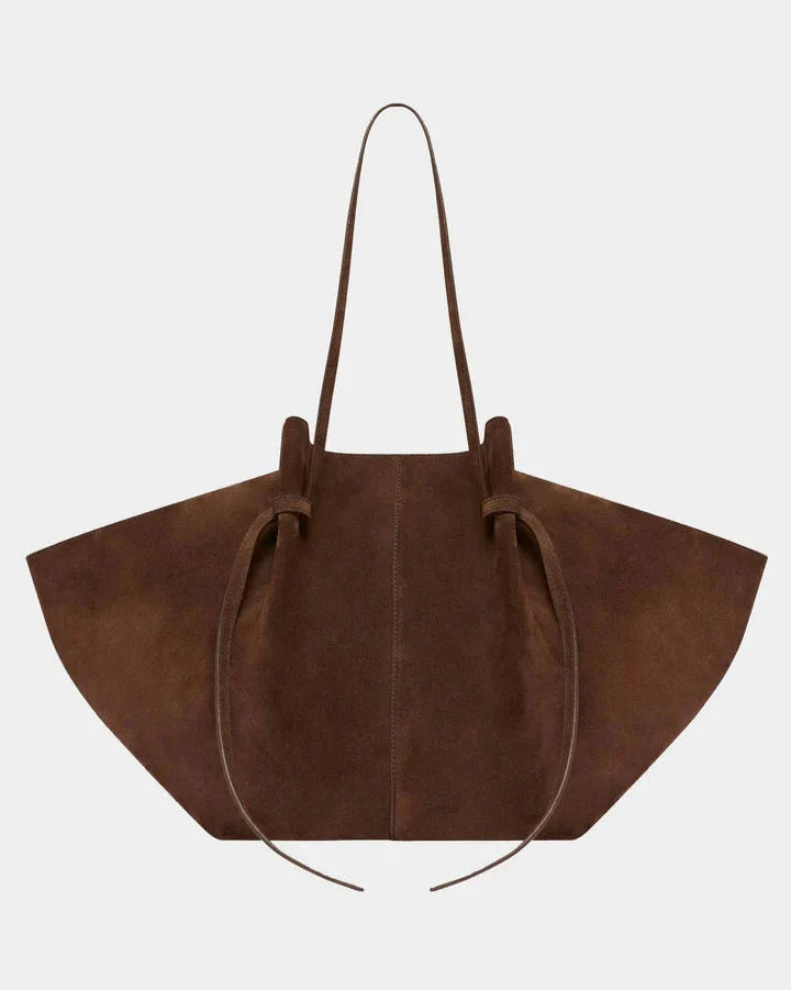 Women’s Faux Suede Tote Bag with Oversized Winged Shape and Tie Fastening