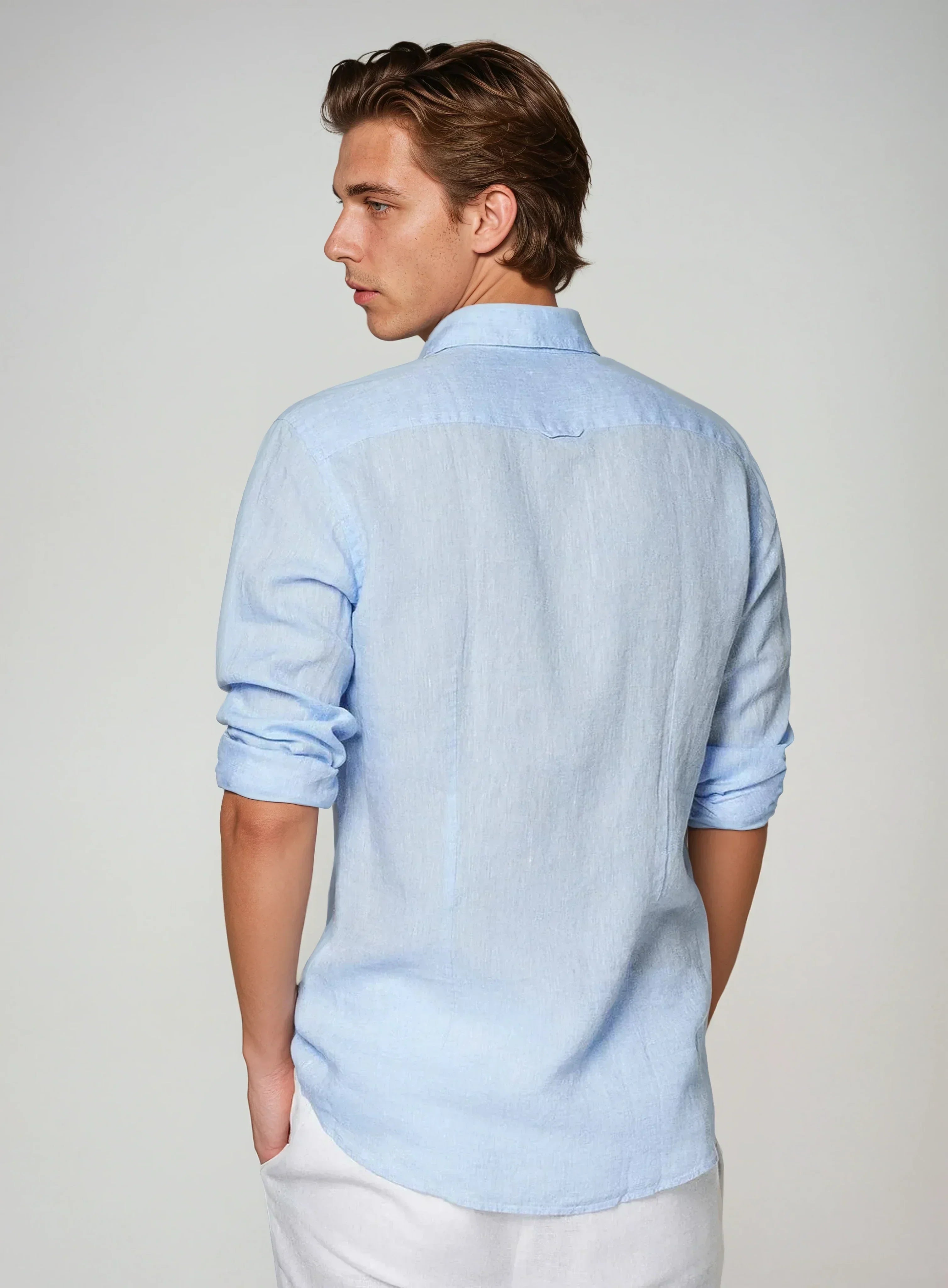 Men's Linen Shirt Camp Collar Long Sleeve Relaxed Fit Warm Weather