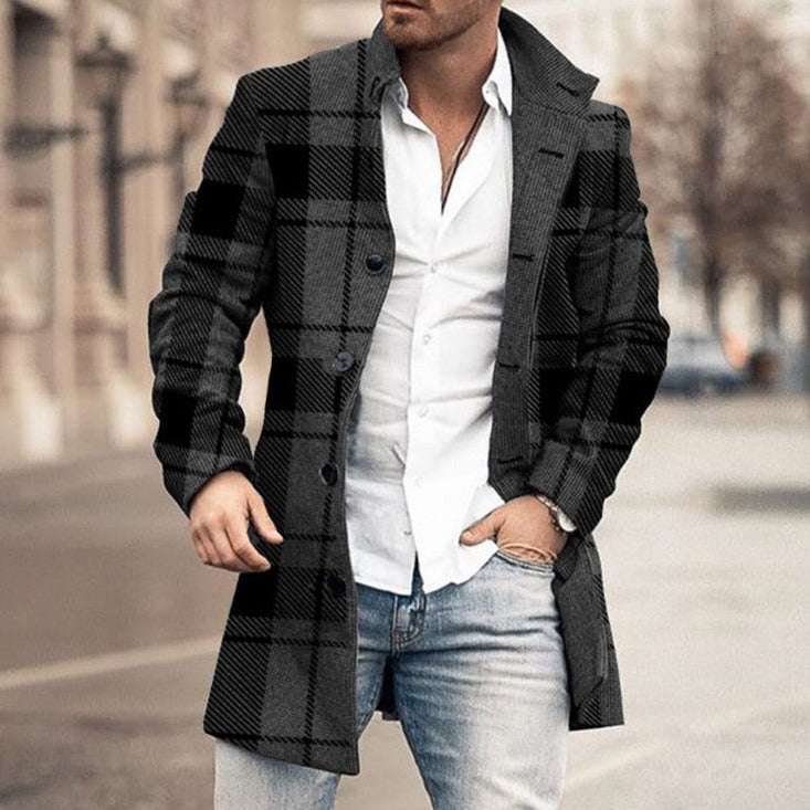 Men's Check Overcoat, Mid-Length Revere Collar Single-Breasted Coat