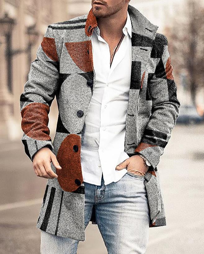 Men's Check Overcoat, Mid-Length Revere Collar Single-Breasted Coat