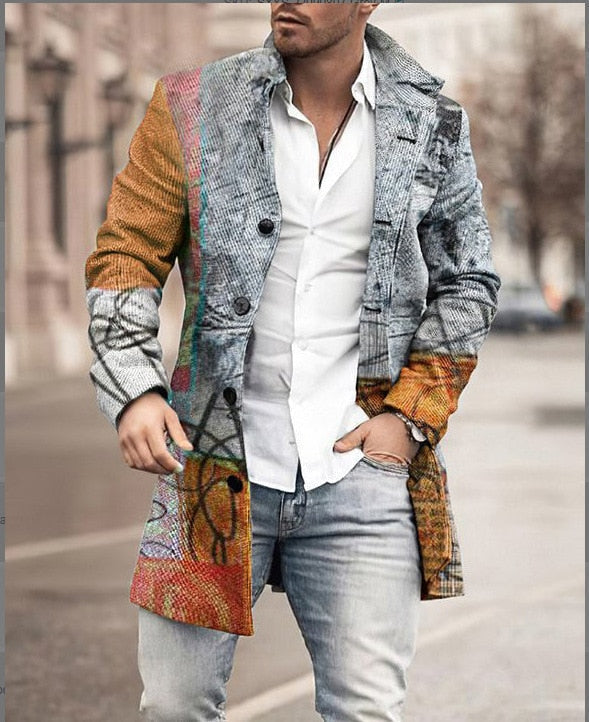 Men's Check Overcoat, Mid-Length Revere Collar Single-Breasted Coat