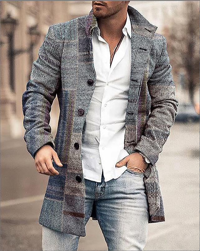 Men's Check Overcoat, Mid-Length Revere Collar Single-Breasted Coat