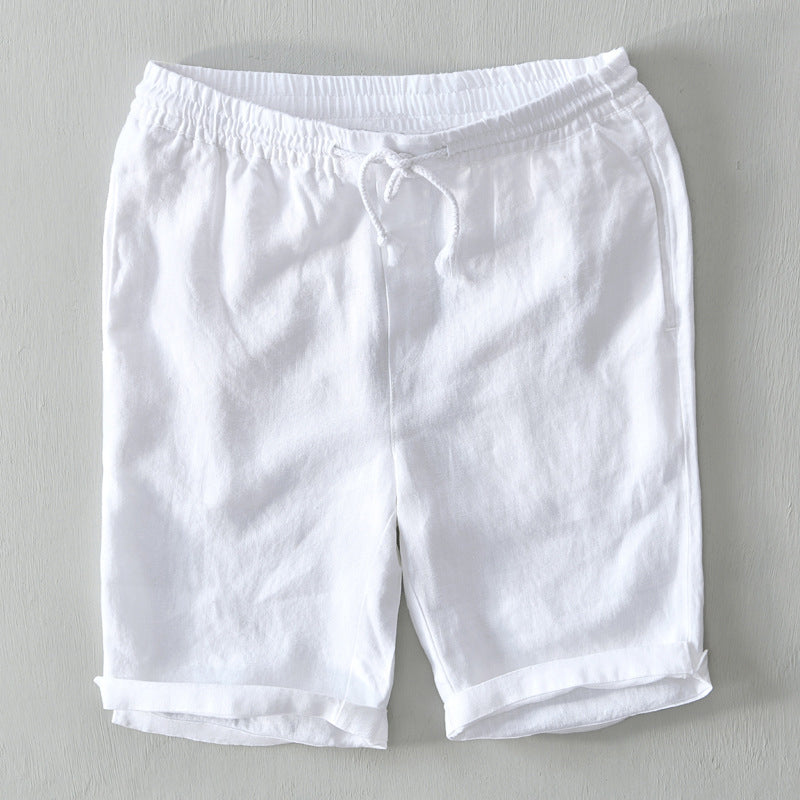 Men's Linen Shorts Elasticated Drawstring Waist Rolled Cuff Casual