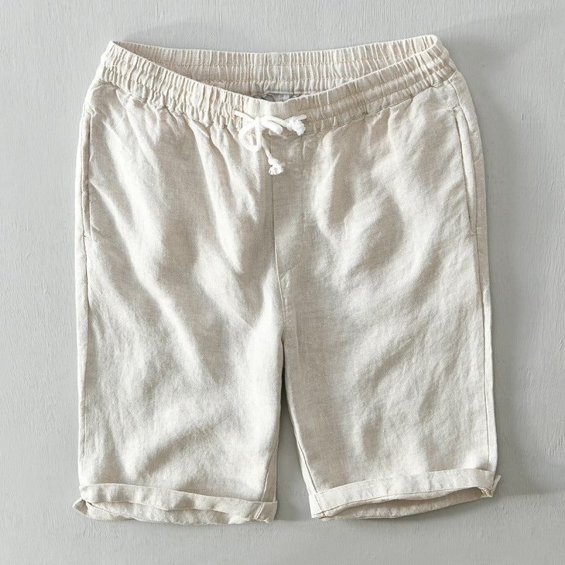 Men's Linen Shorts Elasticated Drawstring Waist Rolled Cuff Casual