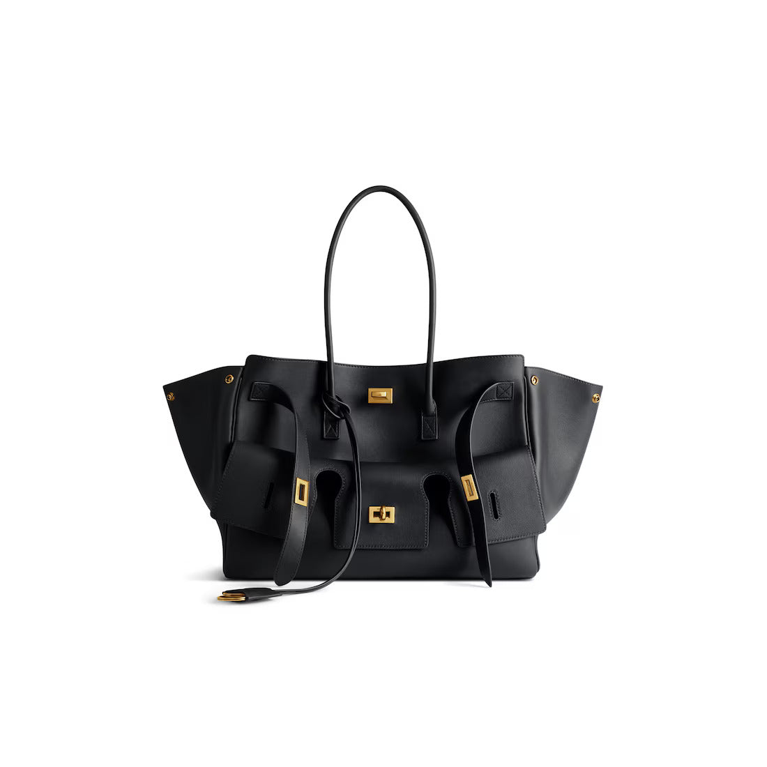 Women’s Structured Faux Leather Tote Bag with Winged Sides, Buckle Straps and Top Handles