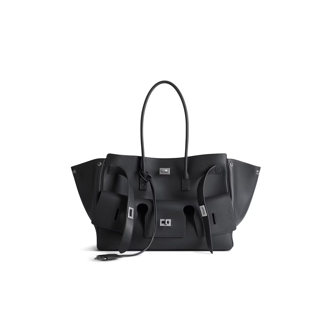 Women’s Structured Faux Leather Tote Bag with Winged Sides, Buckle Straps and Top Handles