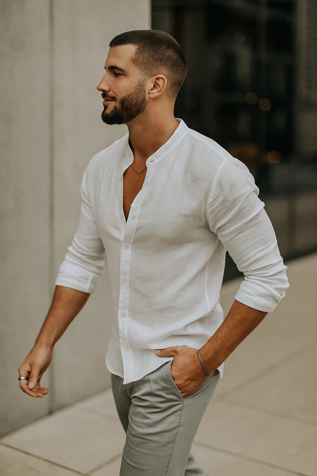 Three Quarter Sleeve Casual Shirt Men Linen Blend Relaxed Fit Holiday