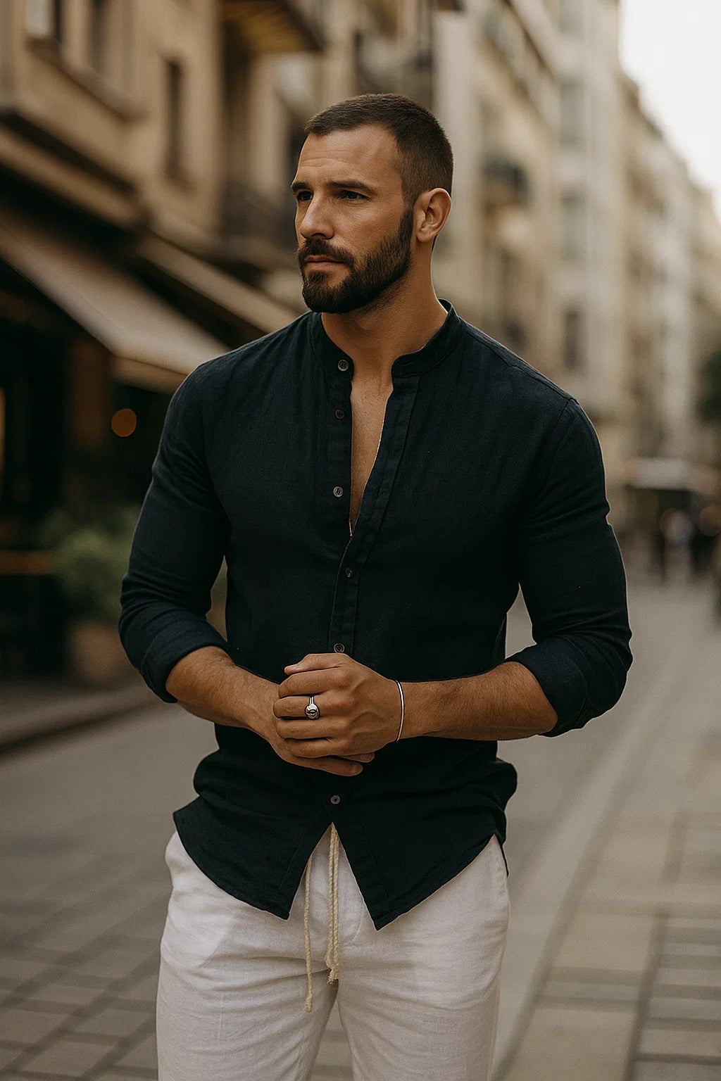 Three Quarter Sleeve Casual Shirt Men Linen Blend Relaxed Fit Holiday