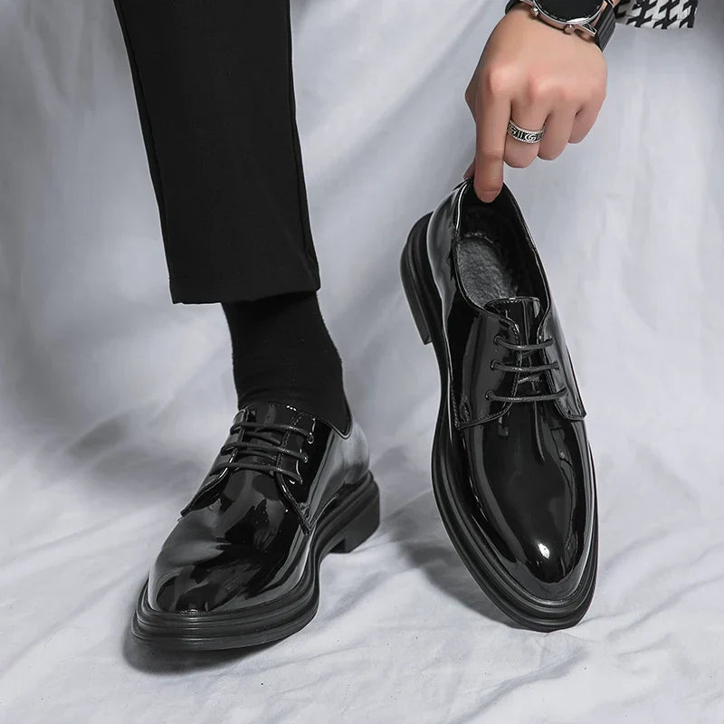 Patent Derby Dress Shoes Men Faux Leather High Gloss Lace Up Formal