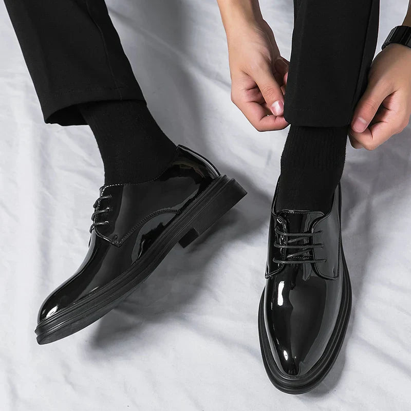 Patent Derby Dress Shoes Men Faux Leather High Gloss Lace Up Formal