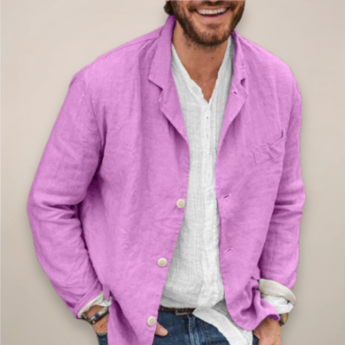 Men’s Unstructured Linen-Look Blazer with Notch Lapels and Patch Pockets