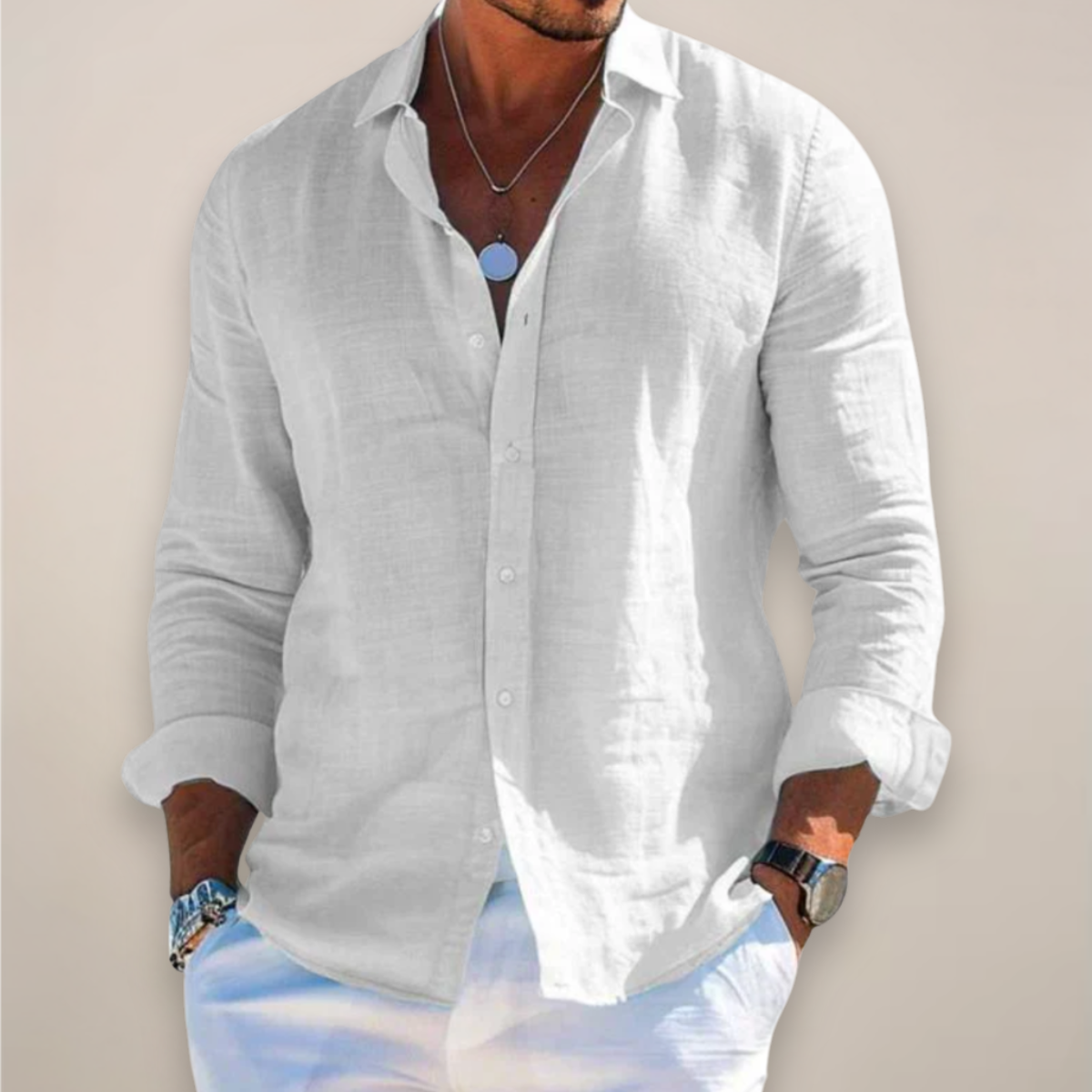 Long Sleeve Linen Blend Shirt Men Classic Collar Button Front Relaxed Fit
