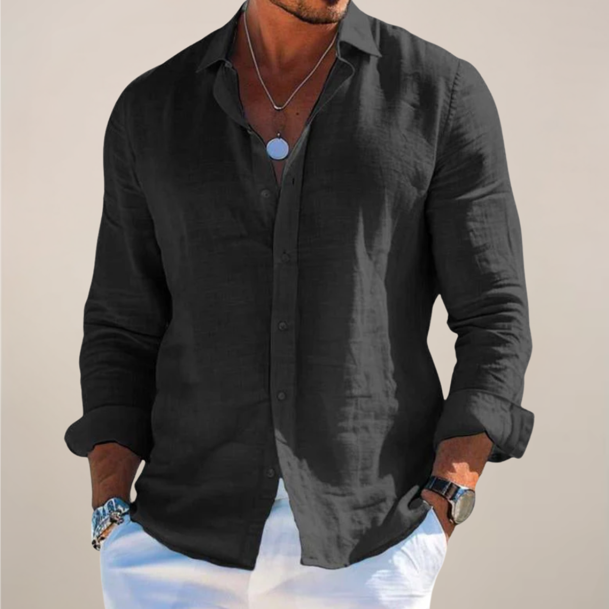 Long Sleeve Linen Blend Shirt Men Classic Collar Button Front Relaxed Fit