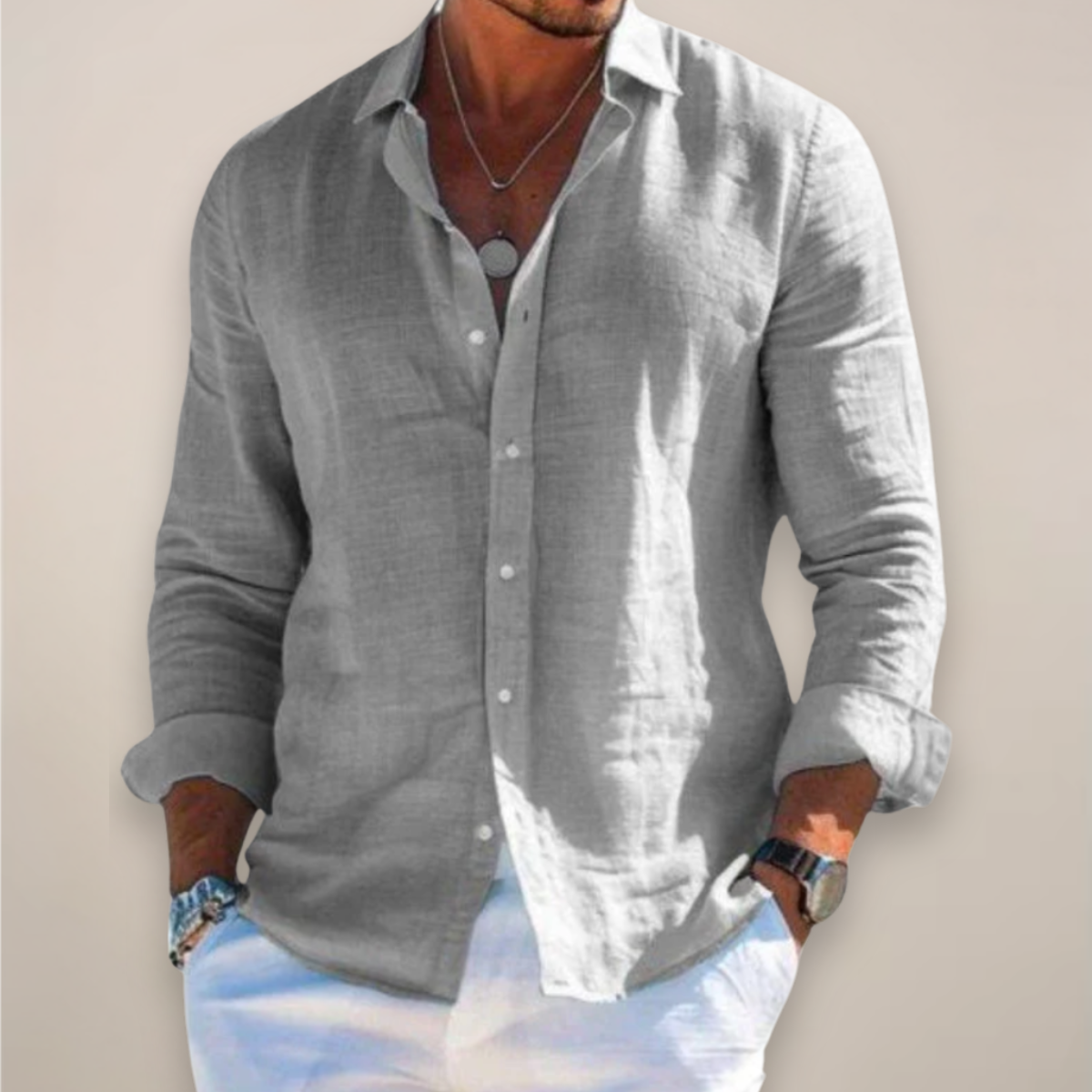 Long Sleeve Linen Blend Shirt Men Classic Collar Button Front Relaxed Fit