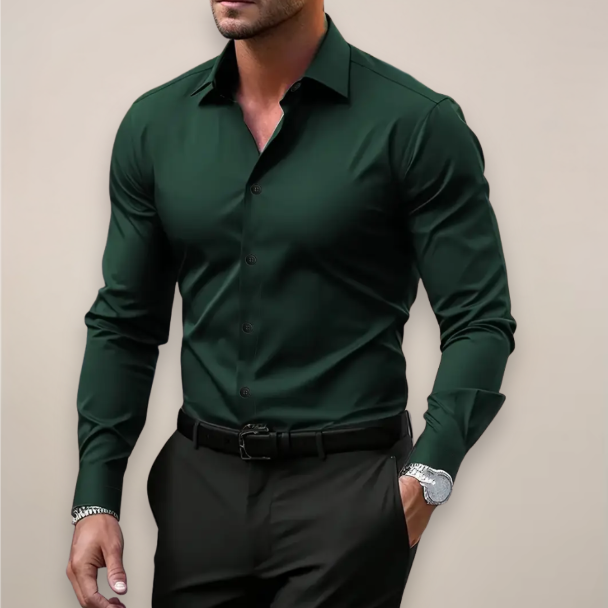 Long Sleeve Dress Shirt Men Notched Collar Button Placket Regular Fit
