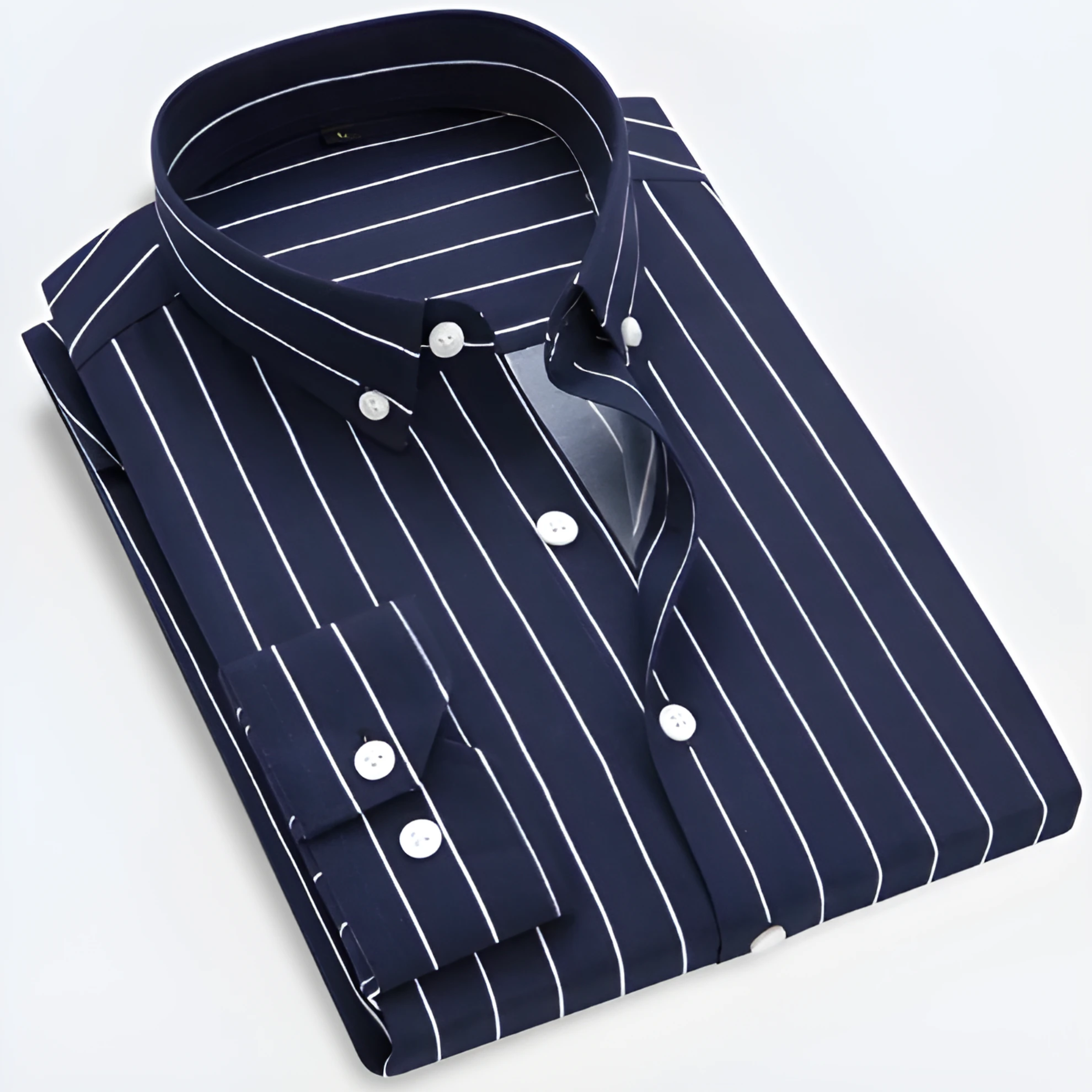 Striped Long Sleeve Shirt Men Woven Fabric Vertical Stripe Button Up Tailored Fit
