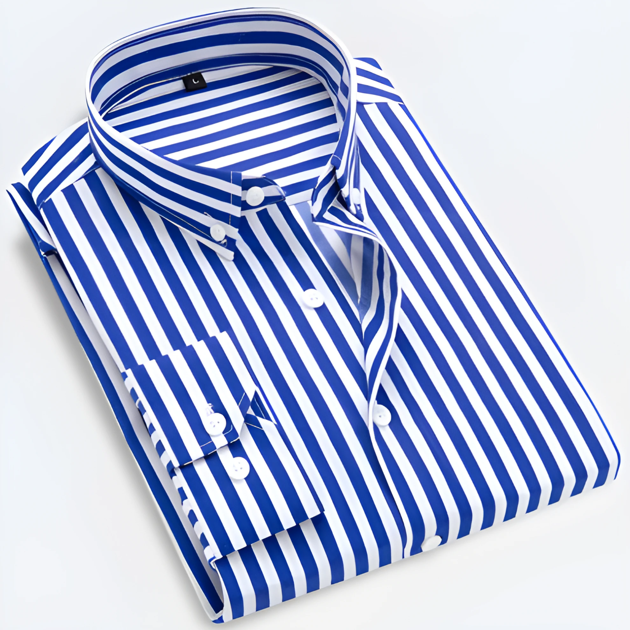 Striped Long Sleeve Shirt Men Woven Fabric Vertical Stripe Button Up Tailored Fit