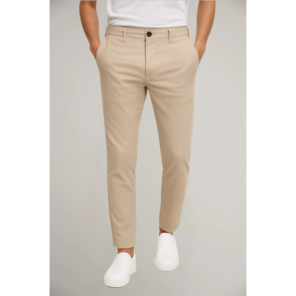 Tailored Flat Front Trousers Men Woven Fabric Classic Waistband Structured Fit