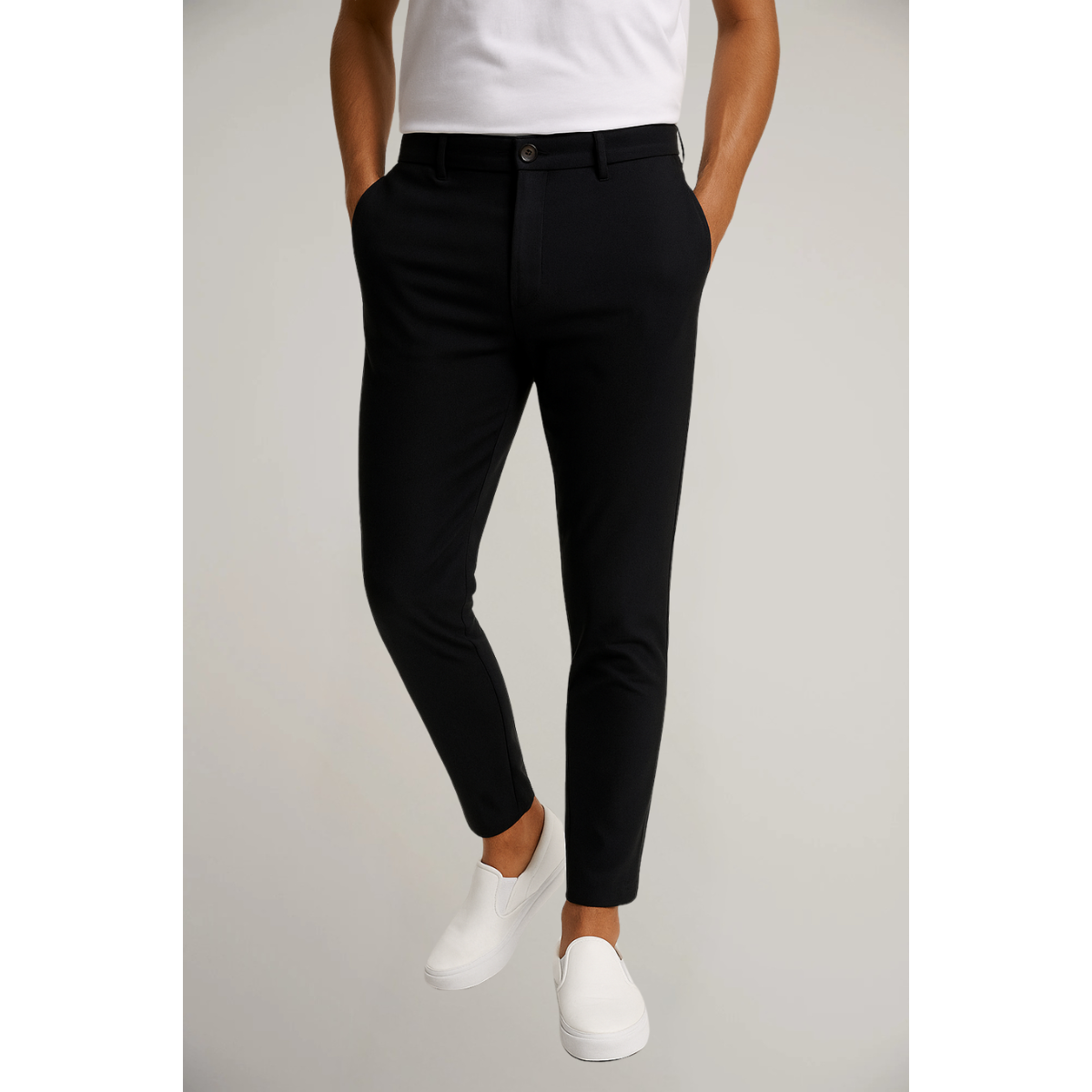 Tailored Flat Front Trousers Men Woven Fabric Classic Waistband Structured Fit