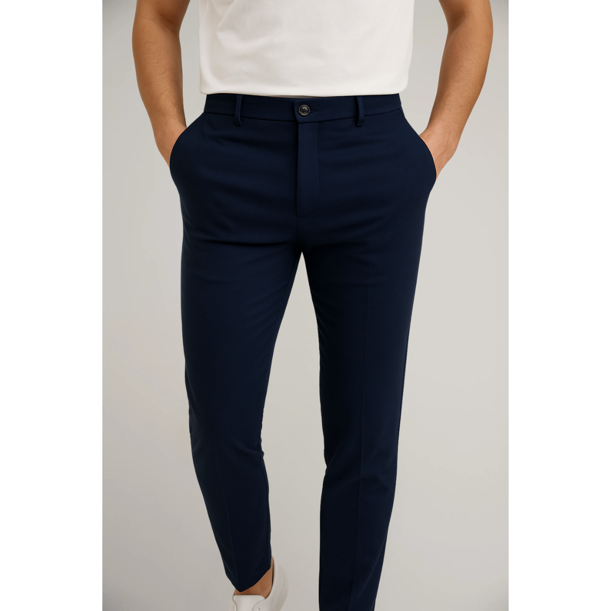 Tailored Flat Front Trousers Men Woven Fabric Classic Waistband Structured Fit