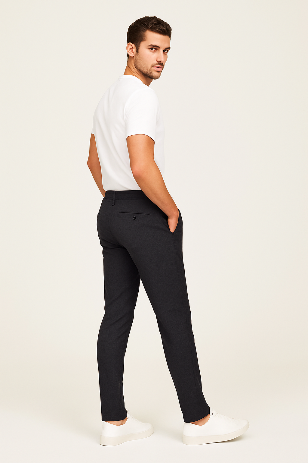 Tailored Flat Front Trousers Men Woven Fabric Classic Waistband Structured Fit