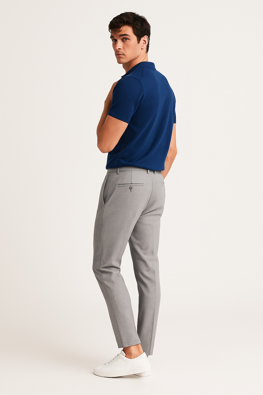 Tailored Flat Front Trousers Men Woven Fabric Classic Waistband Structured Fit