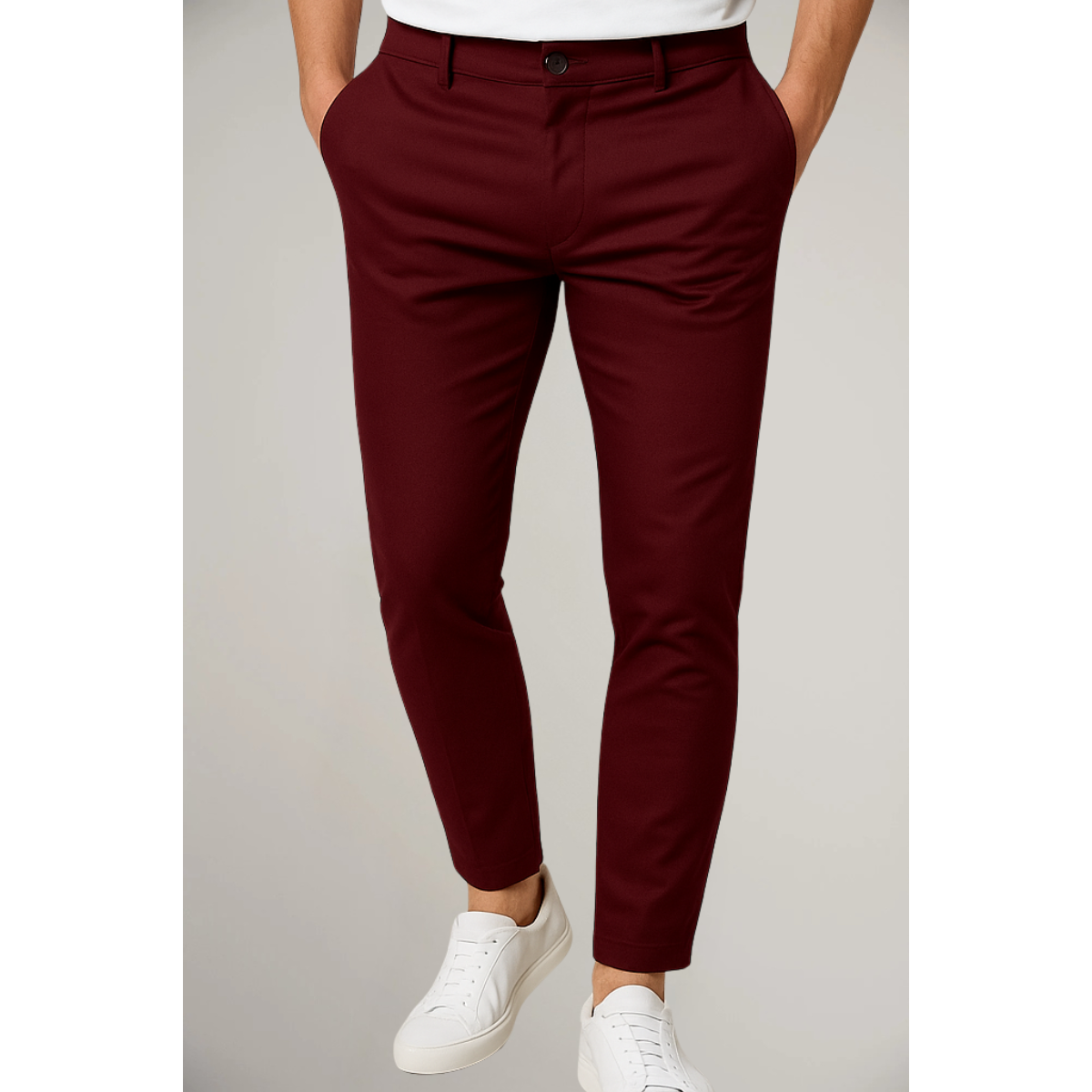 Tailored Flat Front Trousers Men Woven Fabric Classic Waistband Structured Fit