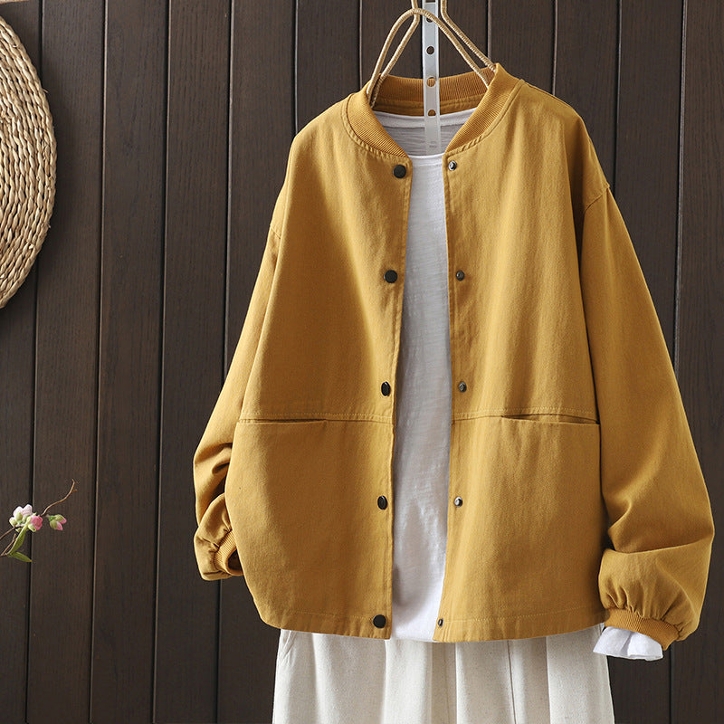 Women's Oversized Boxy Jacket, Collarless Button-Front Coat with Patch Pockets