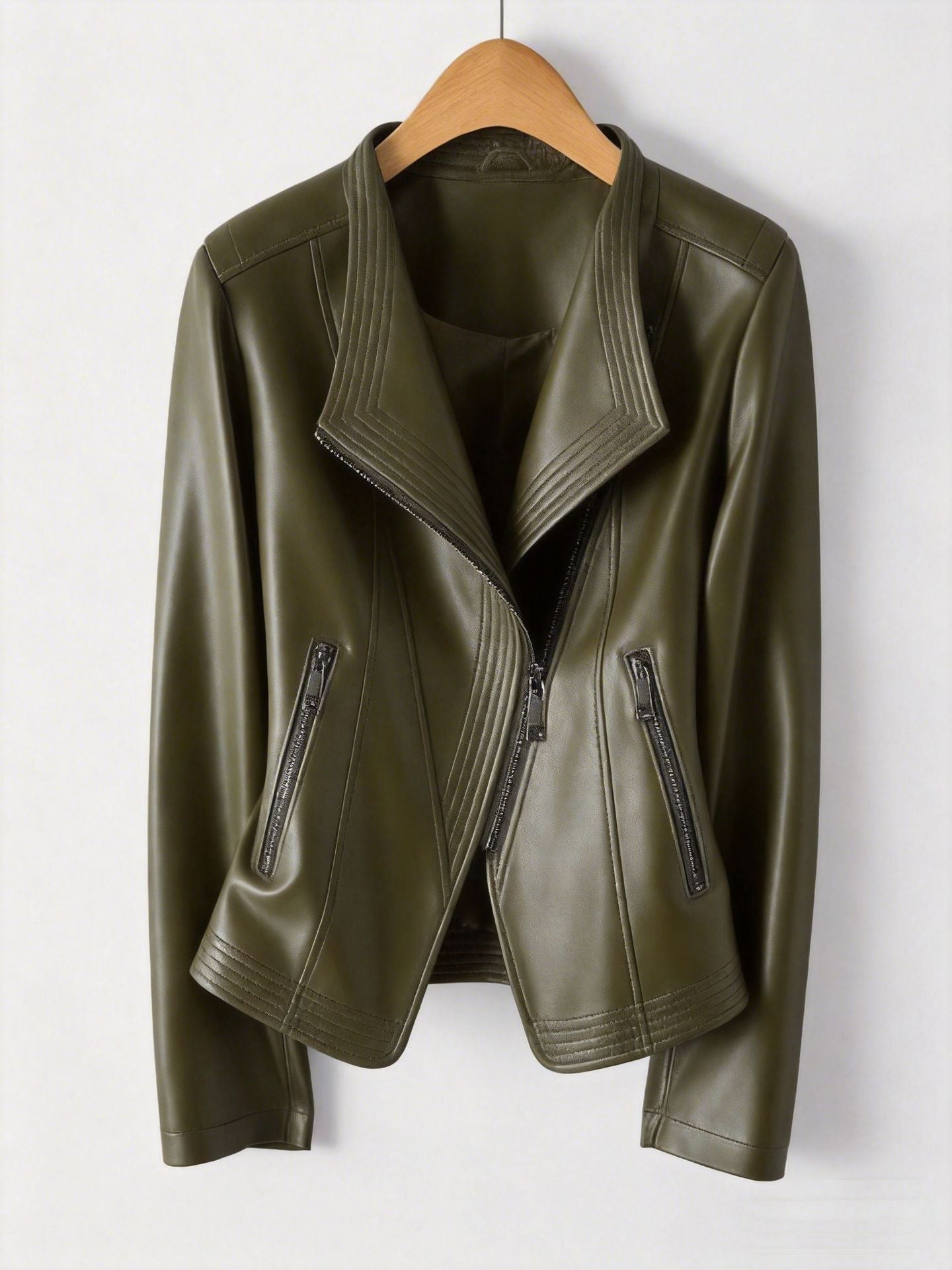Women's Leather-Look Waterfall Jacket, Slim Fit Biker Style with Zip Pockets