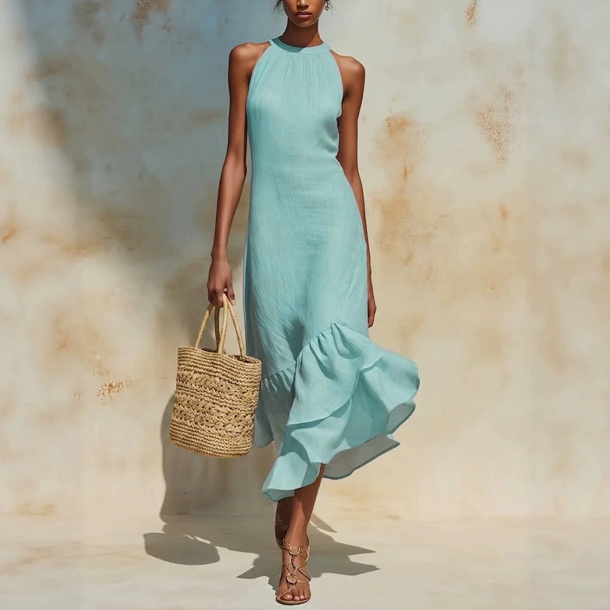 Women's Halter Neck Maxi Dress, Sleeveless Ruffle Fishtail Hem Holiday Dress
