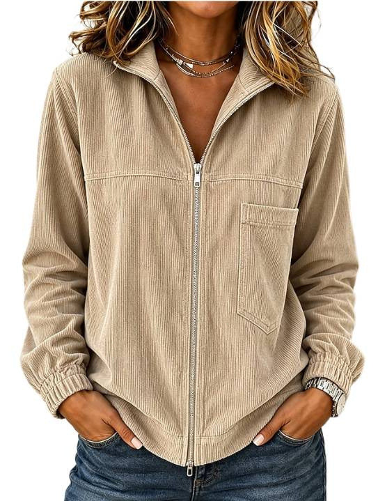 Women's Corduroy-Look Zip Jacket, Collared Casual Coat with Chest Pocket
