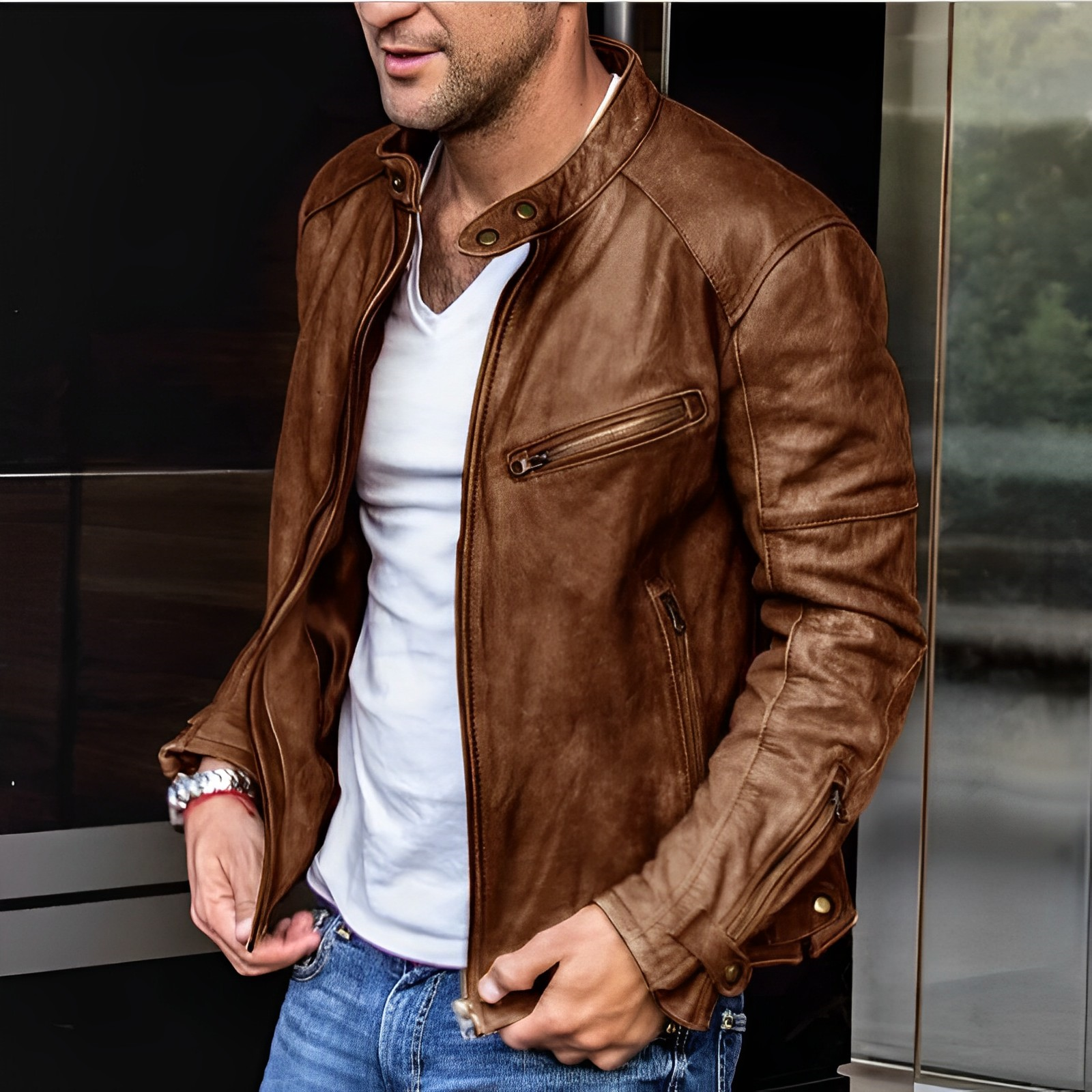 Men's Leather Jacket Zip Front Notch Collar