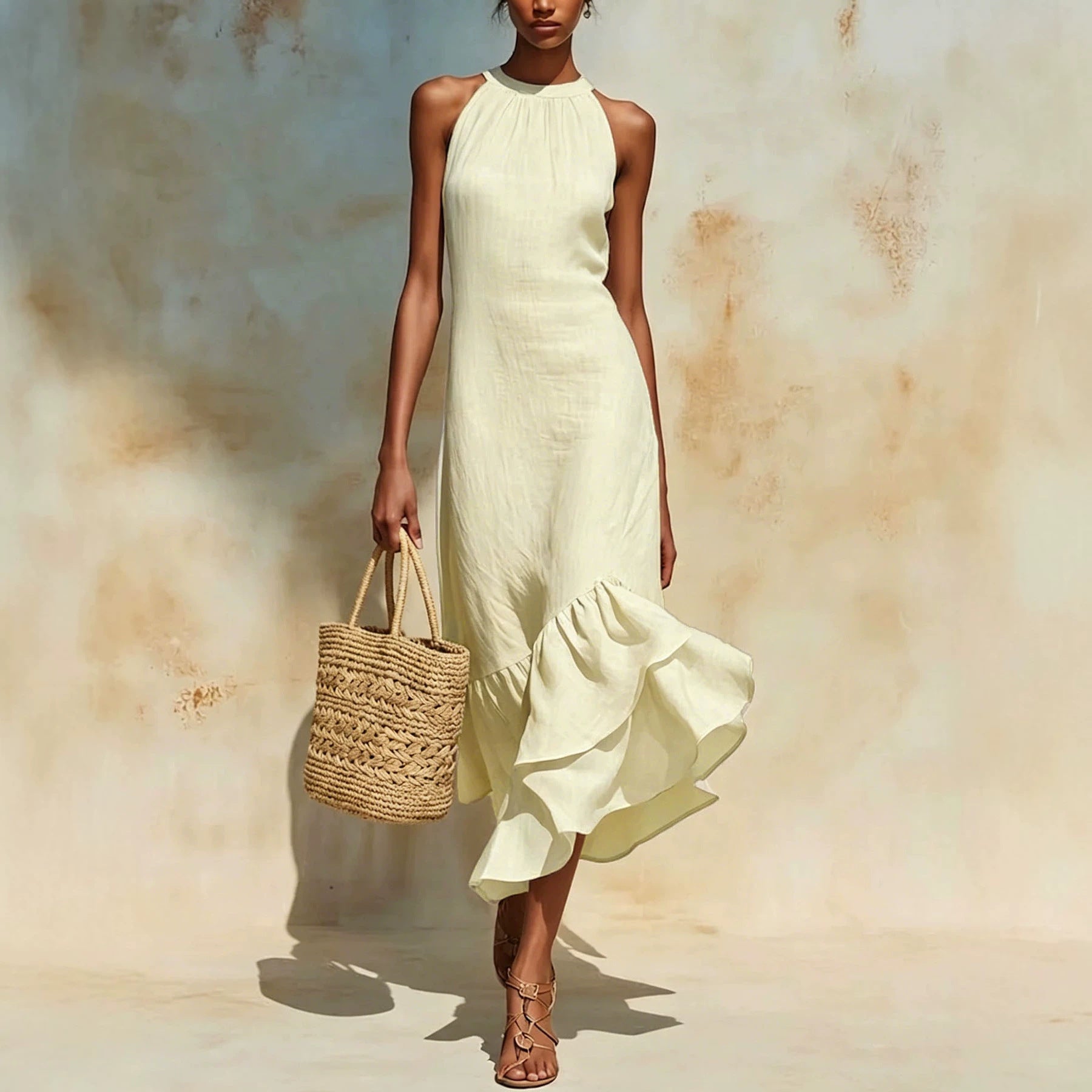 Women's Halter Neck Maxi Dress, Sleeveless Ruffle Fishtail Hem Holiday Dress
