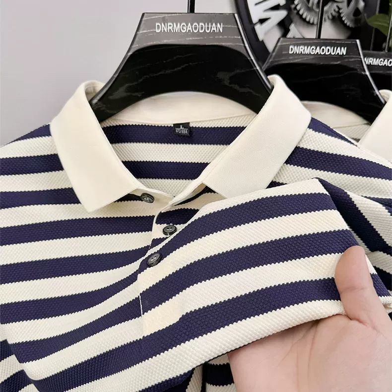 Men's Striped Polo Shirt, Contrast Collar Short Sleeve Knitted Top