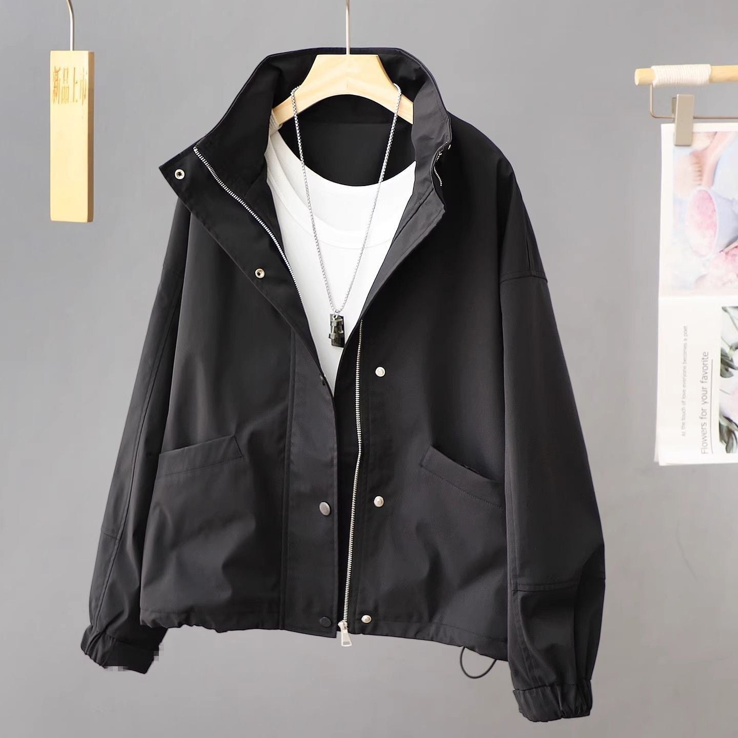 Women's Stand Collar Zip Jacket, Loose Fit Utility Coat with Patch Pockets