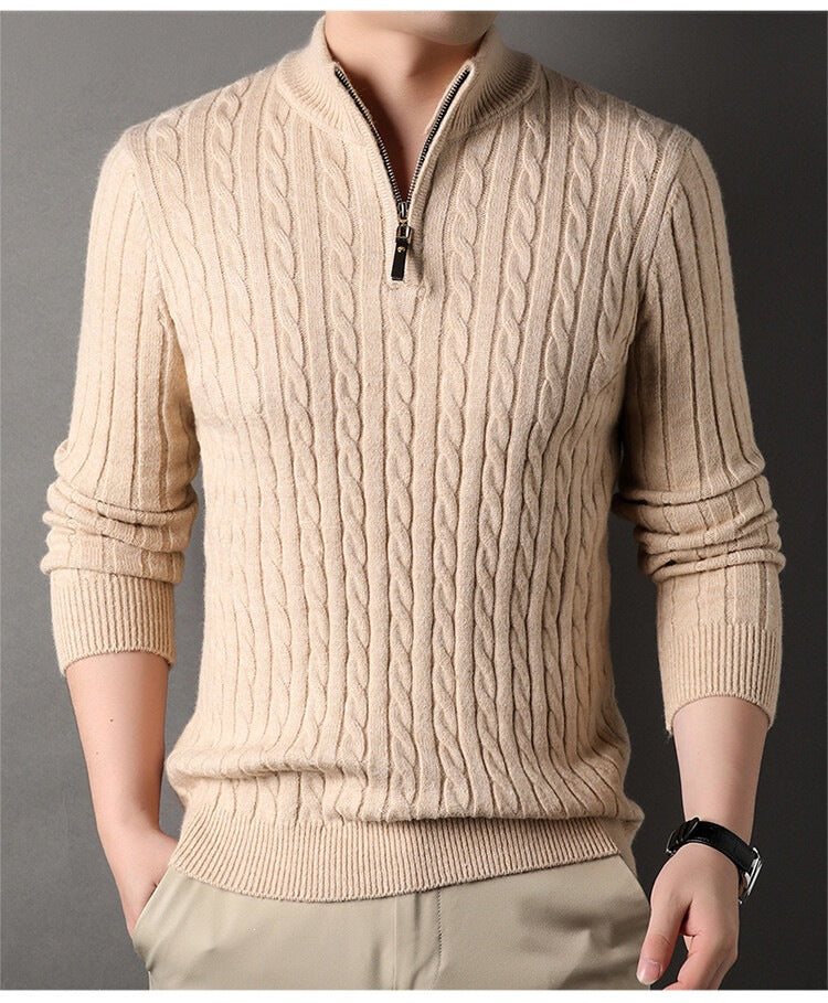 Men's Cable Knit Quarter Zip Jumper, Funnel Neck Textured Pullover