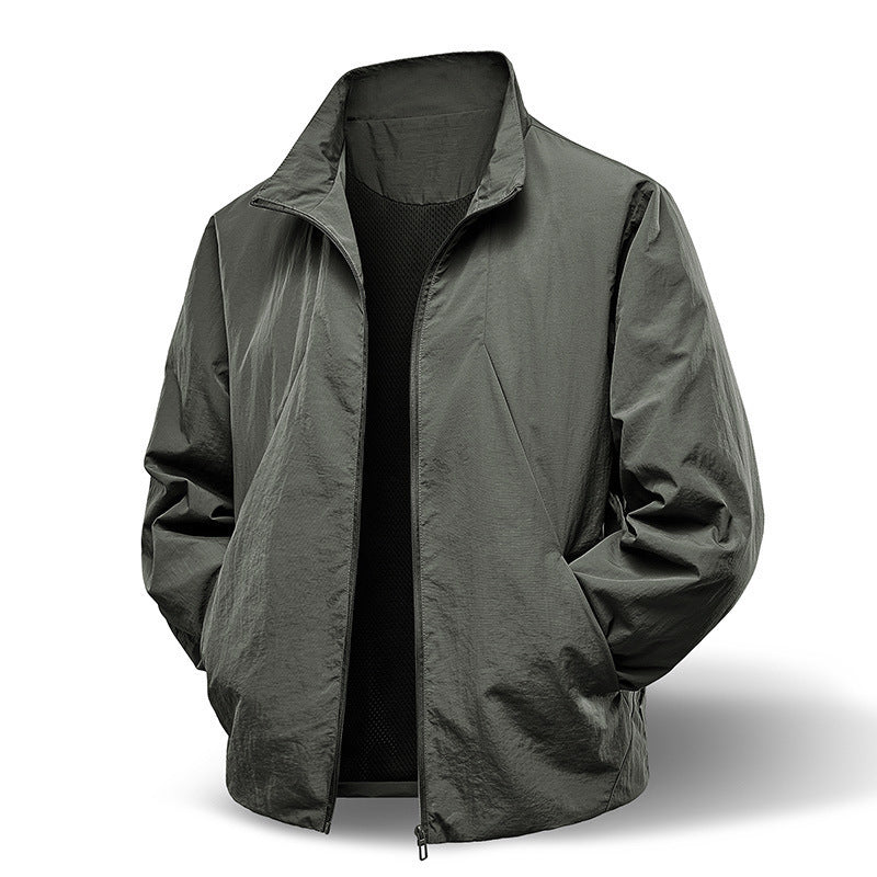 Men's Lightweight Zip Jacket, Stand Collar Bomber Style Coat with Ribbed Cuffs