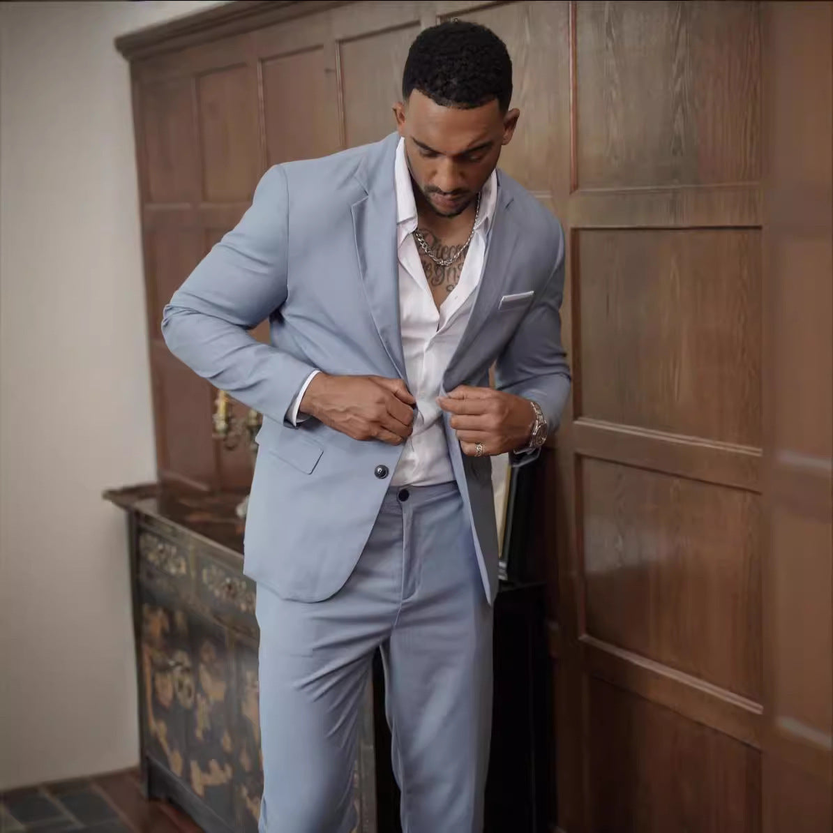 Men's Suit Woven Fabric Notch Lapel Slim Fit Two Piece