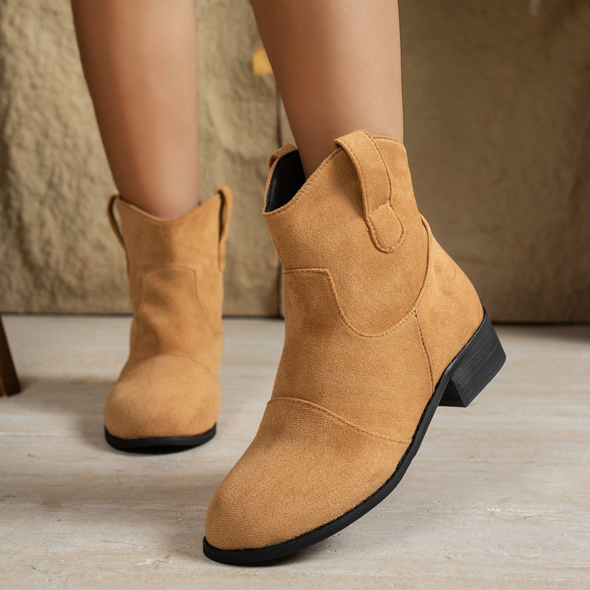 Women's Suede-Look Western Ankle Boots, Round Toe Slip-On Low Heel Booties