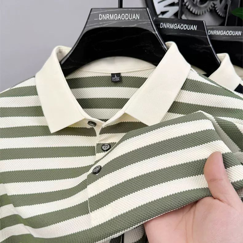 Men's Striped Polo Shirt, Contrast Collar Short Sleeve Knitted Top
