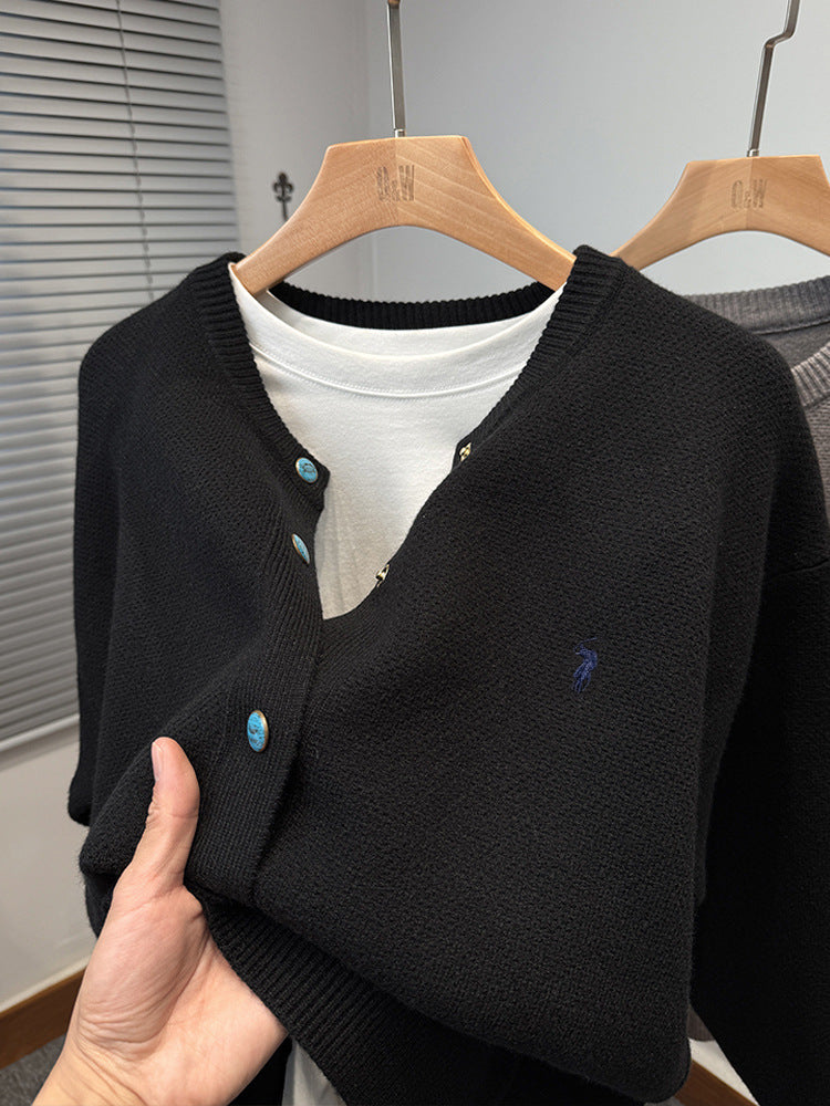 Men's Round Neck Knitted Cardigan, Button-Through Relaxed Fit Layering Knit