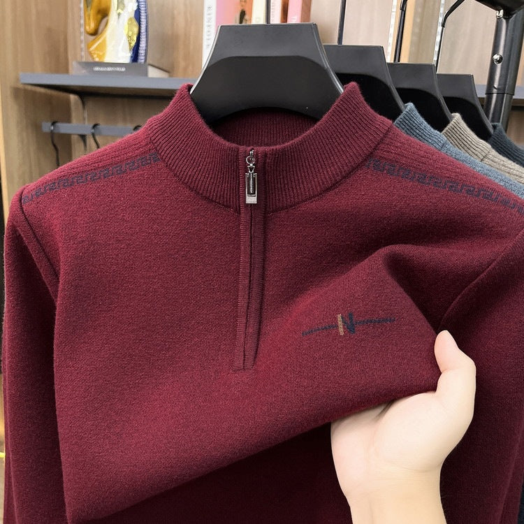 Men's Quarter Zip Knitted Jumper, Stand Collar Ribbed Pullover with Embroidered Detail