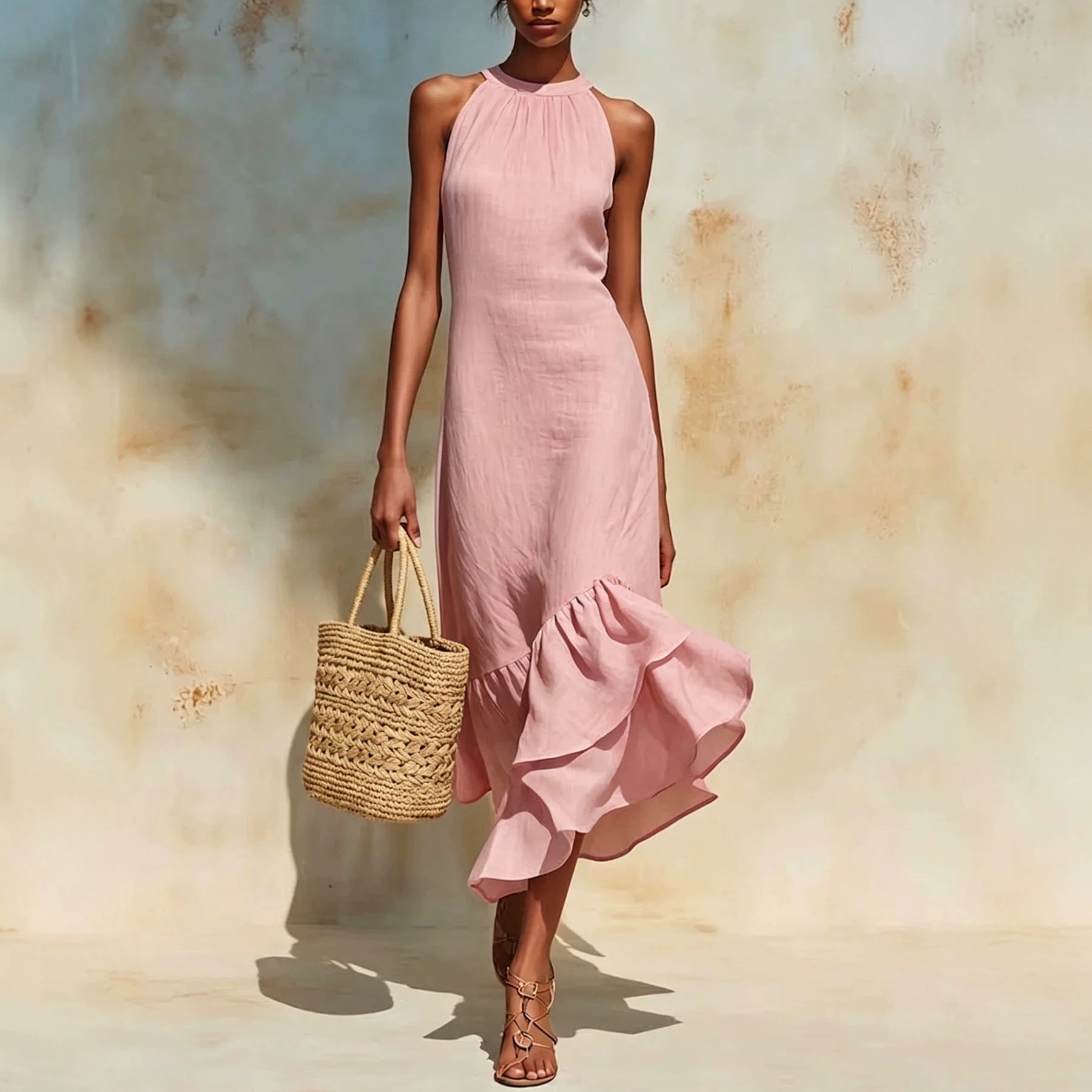 Women's Halter Neck Maxi Dress, Sleeveless Ruffle Fishtail Hem Holiday Dress