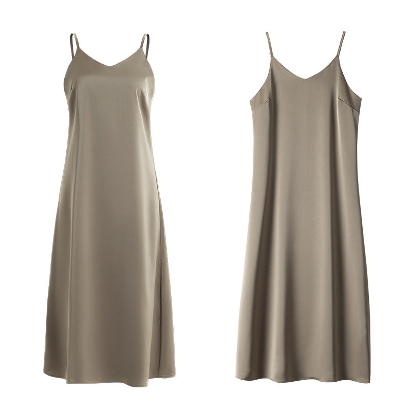 Women's Satin Slip Dress, V-Neck Midi with Adjustable Straps
